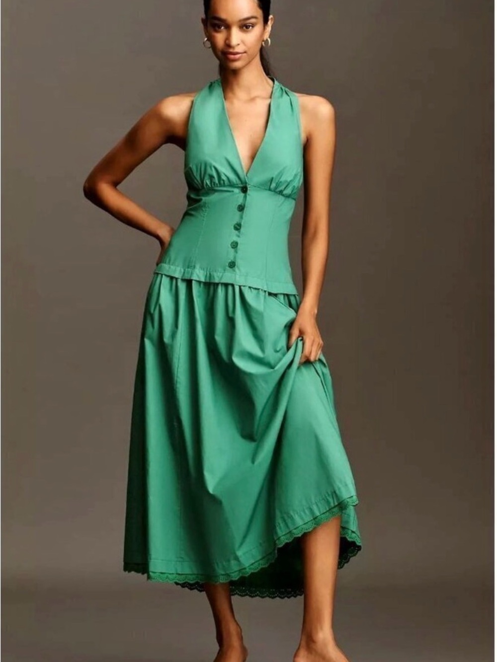 Anthropoligie Green Halter drop waist Midi Dress with Button Bodice